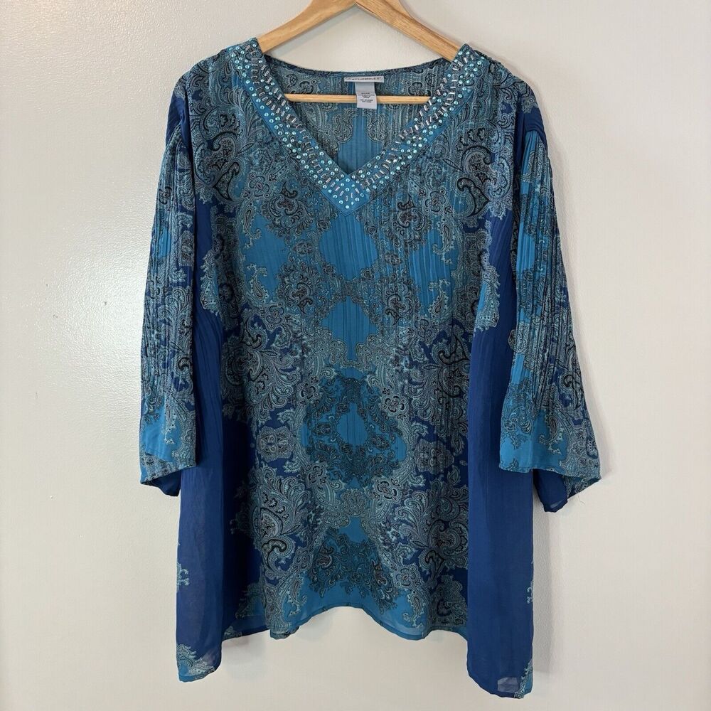 Catherines Crinkle Textured Blouse Blue Paisley Sequins Top Sz 2XW Petite